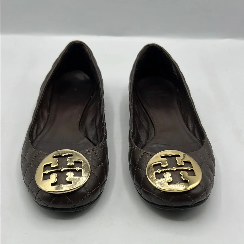Tory Burch Sz 7 Benton Quilted Brown Gold Flats Minnie Ballerina Elegant Design